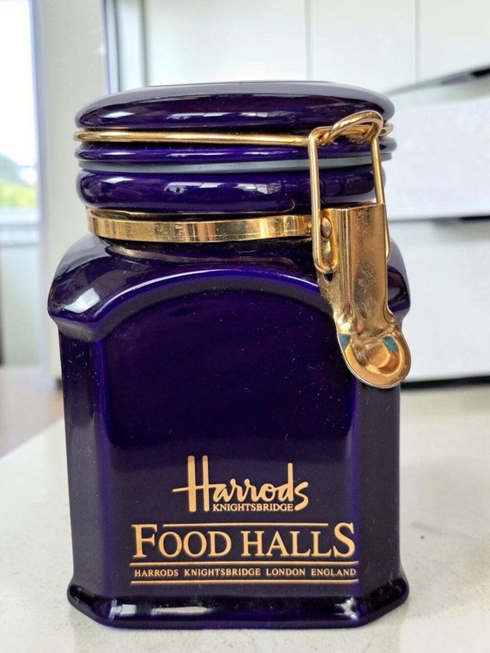Harrods Knightsbridge Coffee Jar Canister Blue Gold Clamp Lid Food Halls England